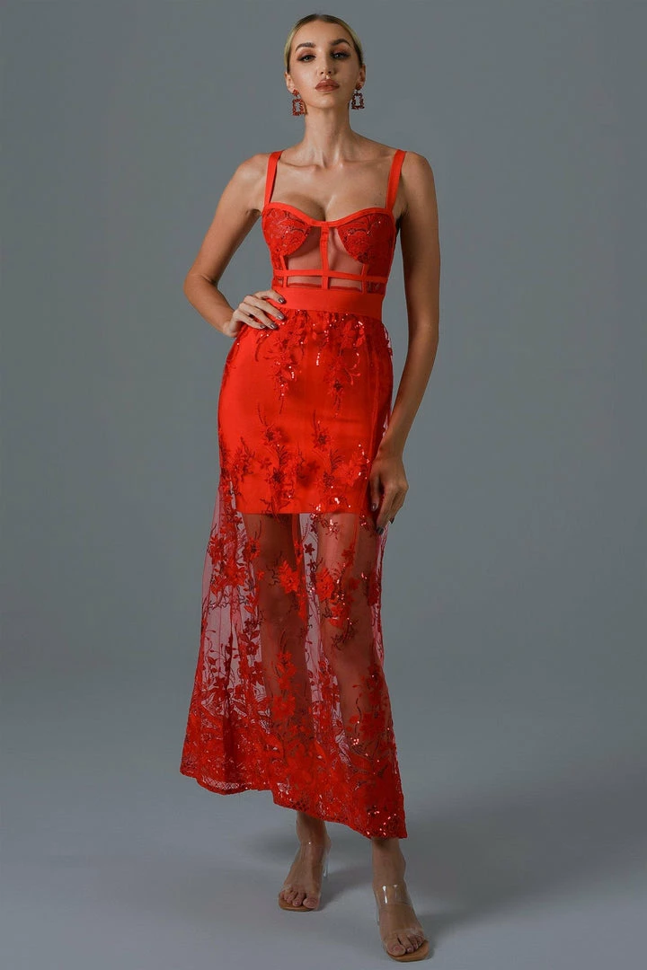 Bellabarnett Rogo Lace Maxi Bandage Dress - Red CLOTHING