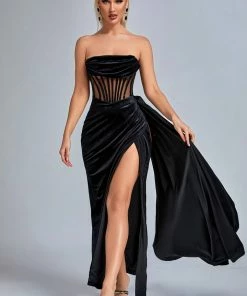 Bellabarnett CLOTHING Lamva Corset Velvet Slit Maxi Dress - Black