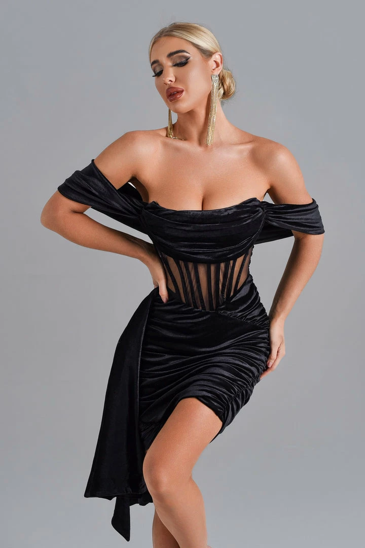 Bellabarnett CLOTHING Elasa Velvet Corset Mini Dress - Black