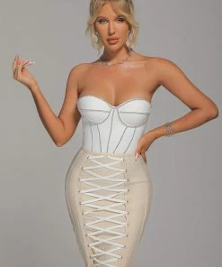 Tracking Siena Diamonate Lace Up Mini Bandage Dress - White CLOTHING