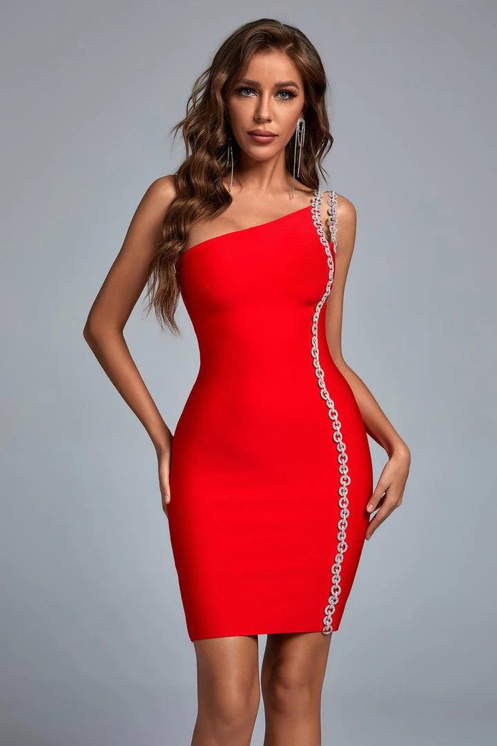 Bellabarnett CLOTHING Mimia One Shoulder Chain Mini Bandage Dress - Red