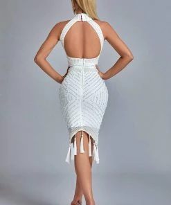 Bellabarnett Thaliy Pearl Fringed Midi Dress - White CLOTHING