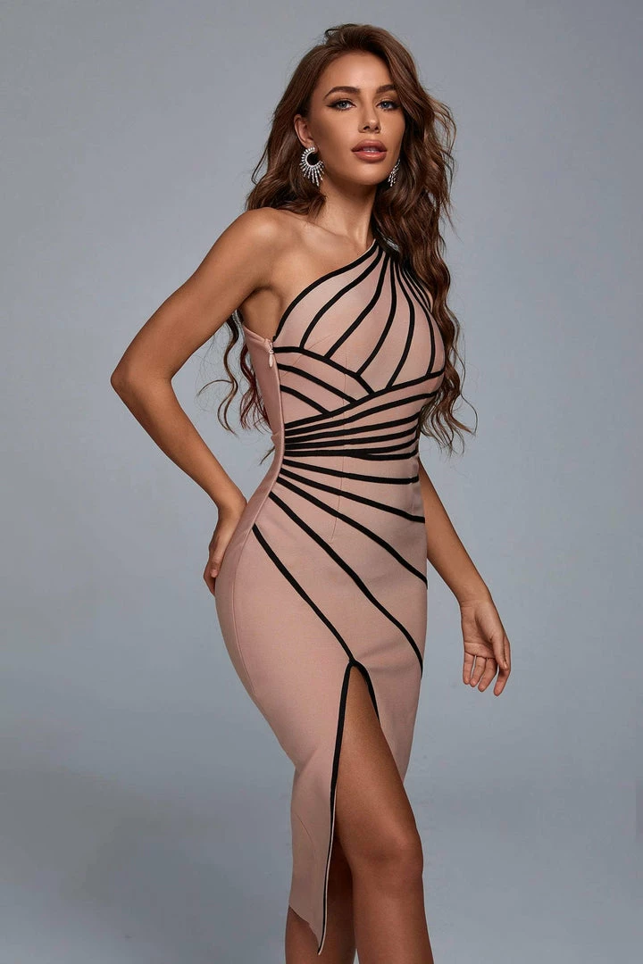 Bellabarnett Naku One Shoulder Slit Midi Bandage Dress - Pink
