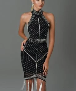 Bellabarnett Thaliy Pearl Fringed Midi Dress - Black