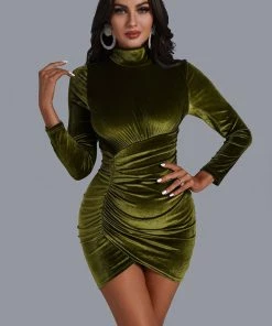 Bellabarnett Velvet Ruched Long Sleeve Mini Dress In Green CLOTHING