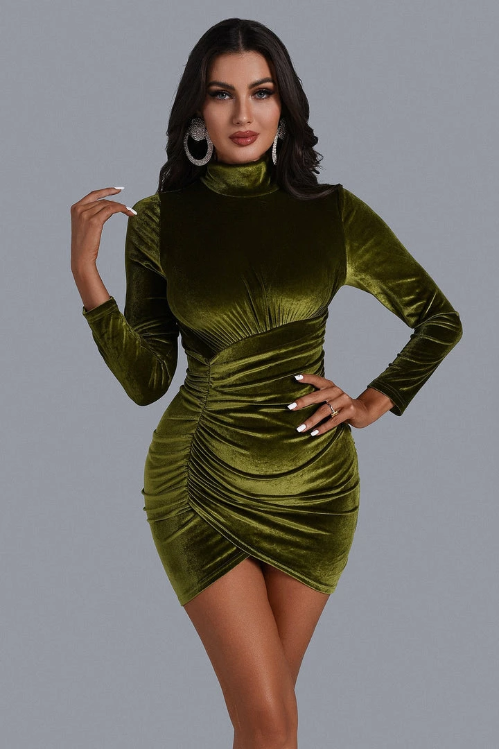 Bellabarnett Velvet Ruched Long Sleeve Mini Dress In Green CLOTHING