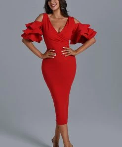 Bellabarnett CLOTHING Evalyn Red Bodycon Midi Dress