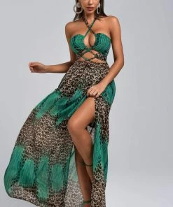 Bellabarnett Vix Halter Leopard Maxi Dress CLOTHING