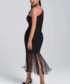 Bellabarnett Bacco One Shoulder Tassel Midi Bandage Dress CLOTHING