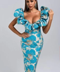 Bellabarnett CLOTHING Melany Jacquard Midi Dress - Blue