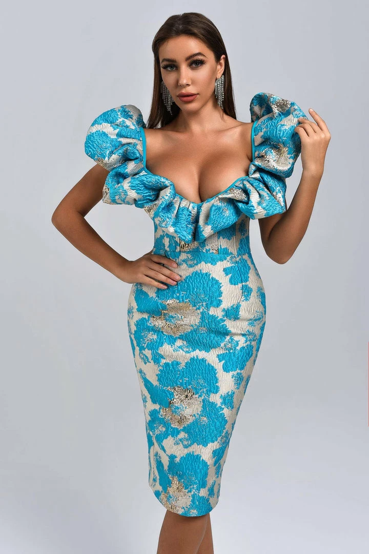 Bellabarnett CLOTHING Melany Jacquard Midi Dress - Blue