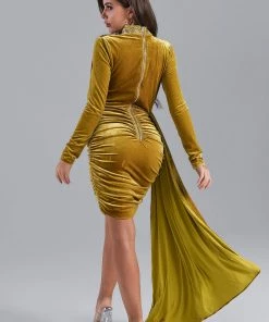 Bellabarnett Brinley Blue Velvet Drape Dress - Gold CLOTHING