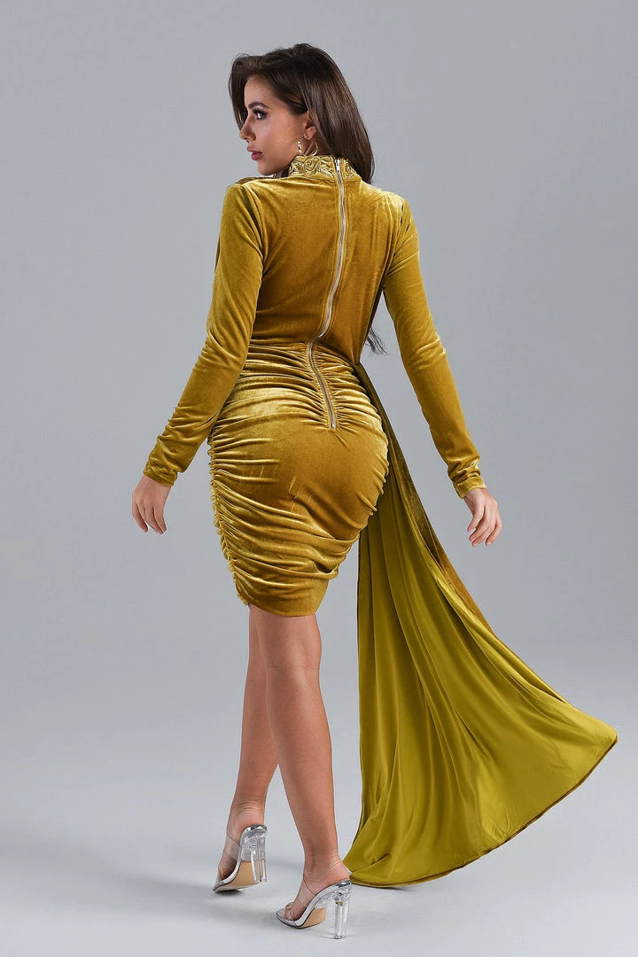 Bellabarnett Brinley Blue Velvet Drape Dress - Gold CLOTHING