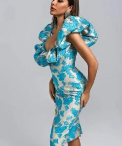 Bellabarnett CLOTHING Melany Jacquard Midi Dress - Blue