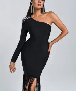 Bellabarnett Bacco One Shoulder Tassel Midi Bandage Dress CLOTHING