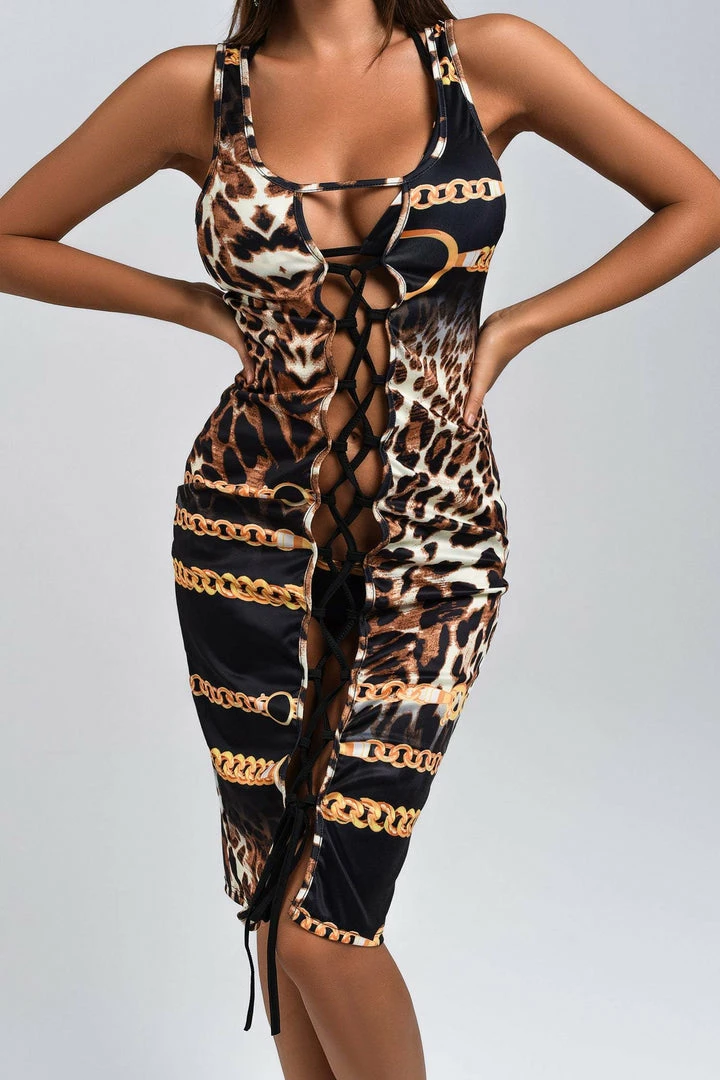 Bellabarnett CLOTHING Julieta Leopard Lace Up Mini Dress