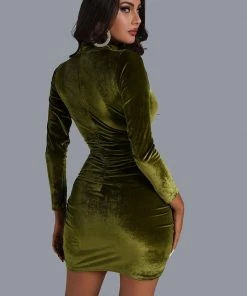 Bellabarnett Velvet Ruched Long Sleeve Mini Dress In Green CLOTHING