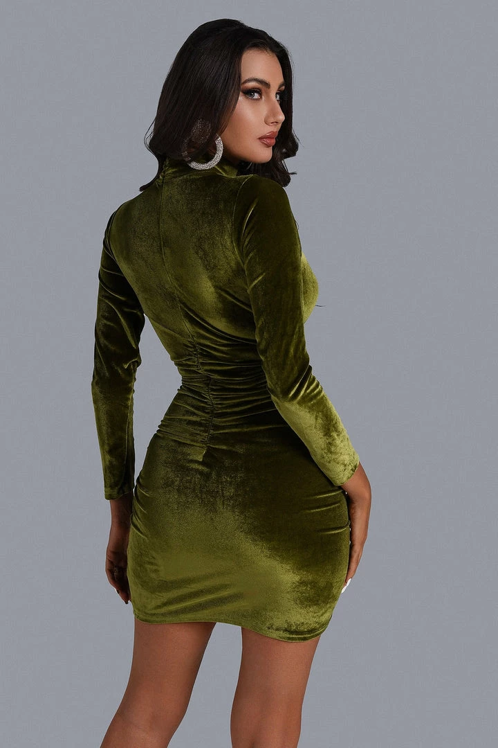 Bellabarnett Velvet Ruched Long Sleeve Mini Dress In Green CLOTHING