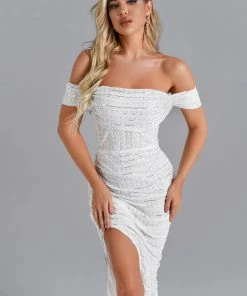 Bellabarnett Kaci Sequin Off Shoulder Slit Maxi Dress