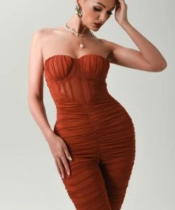 Bellabarnett CLOTHING Sally Rust Ruched Mesh Bandage Jumpsuit