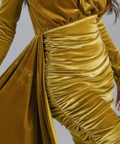 Bellabarnett Brinley Blue Velvet Drape Dress - Gold CLOTHING