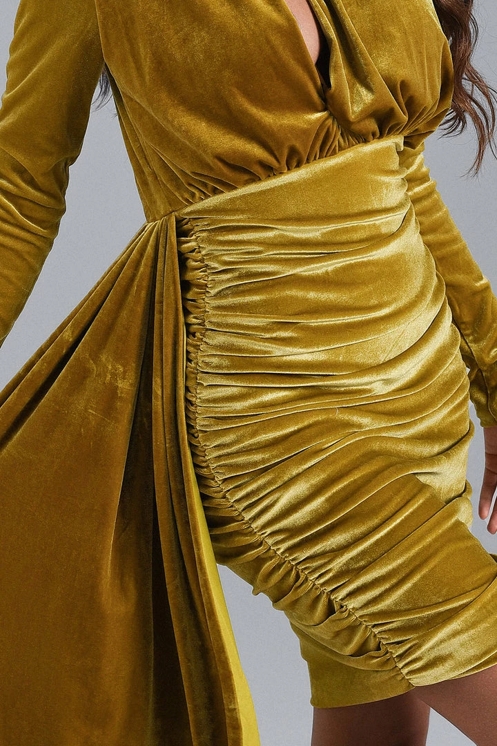 Bellabarnett Brinley Blue Velvet Drape Dress - Gold CLOTHING