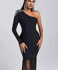 Bellabarnett Bacco One Shoulder Tassel Midi Bandage Dress CLOTHING