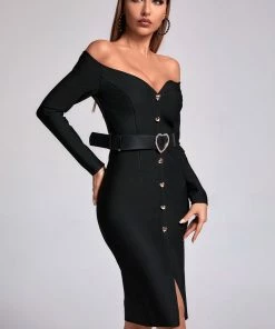 Bellabarnett Blanca Off Shoulder Midi Bandage Dress CLOTHING