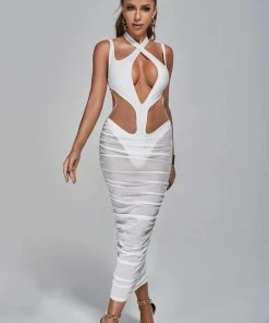 Bellabarnett Amalie Cutout Mesh Midi Bandage Dress - White