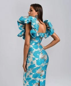 Bellabarnett CLOTHING Melany Jacquard Midi Dress - Blue