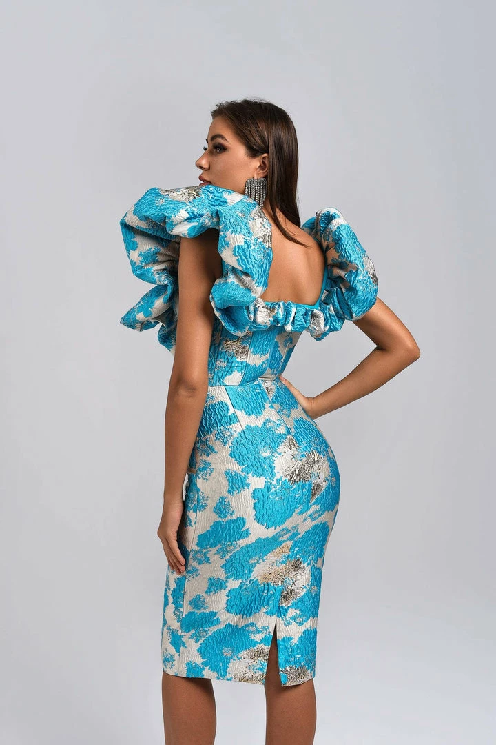 Bellabarnett CLOTHING Melany Jacquard Midi Dress - Blue