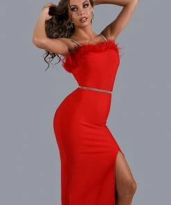 Bellabarnett CLOTHING Dana Feather Slit Midi Bandage Dress - Red