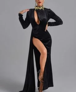 Bellabarnett Lital Embroidery Cutout Velvet Maxi Dress - Black CLOTHING