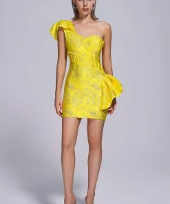 Tracking Amita One Shoulder Jacquard Mini Dress - Yellow CLOTHING
