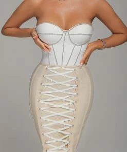 Tracking Siena Diamonate Lace Up Mini Bandage Dress - White CLOTHING