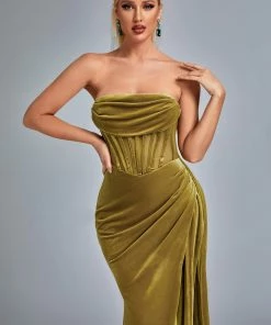 Bellabarnett Lamva Corset Velvet Slit Maxi Dress - Yellow CLOTHING