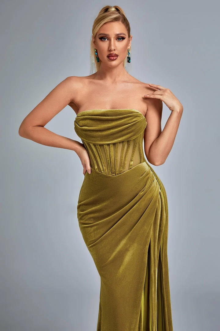 Bellabarnett Lamva Corset Velvet Slit Maxi Dress - Yellow CLOTHING