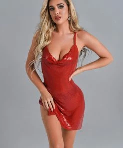 Bellabarnett Brett Diamante Mesh Mini Dress - Red