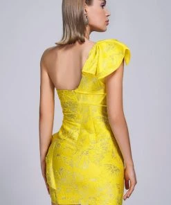 Tracking Amita One Shoulder Jacquard Mini Dress - Yellow CLOTHING