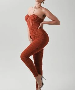 Bellabarnett CLOTHING Sally Rust Ruched Mesh Bandage Jumpsuit