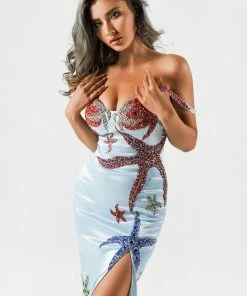 Bellabarnett Gilda Satin Diamonate Slit Maxi Dress CLOTHING