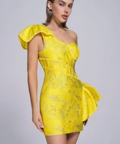 Tracking Amita One Shoulder Jacquard Mini Dress - Yellow CLOTHING