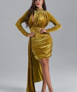 Bellabarnett Brinley Blue Velvet Drape Dress - Gold CLOTHING