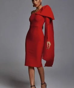 Bellabarnett CLOTHING Abbey Orange One Shoulder Bandage Dress - Red