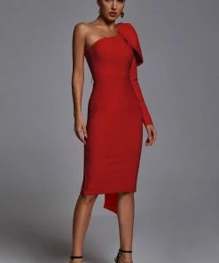 Bellabarnett CLOTHING Abbey Orange One Shoulder Bandage Dress - Red