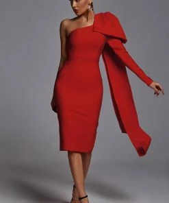 Bellabarnett CLOTHING Abbey Orange One Shoulder Bandage Dress - Red