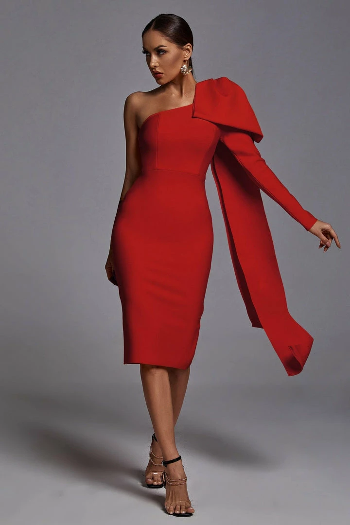 Bellabarnett CLOTHING Abbey Orange One Shoulder Bandage Dress - Red