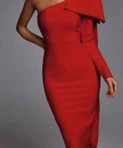 Bellabarnett CLOTHING Abbey Orange One Shoulder Bandage Dress - Red