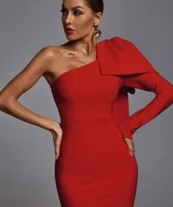 Bellabarnett CLOTHING Abbey Orange One Shoulder Bandage Dress - Red