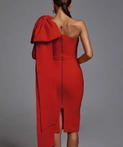 Bellabarnett CLOTHING Abbey Orange One Shoulder Bandage Dress - Red